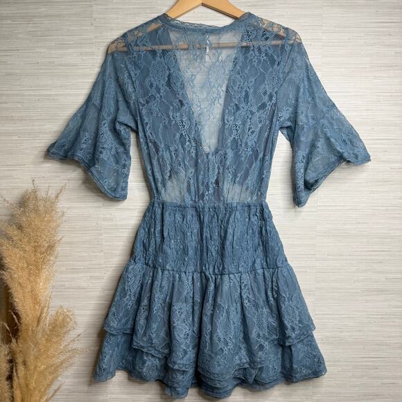 Free People mini dress floral lace cutout ruffled tiered sheer mesh boho XS - Picture 7 of 9
